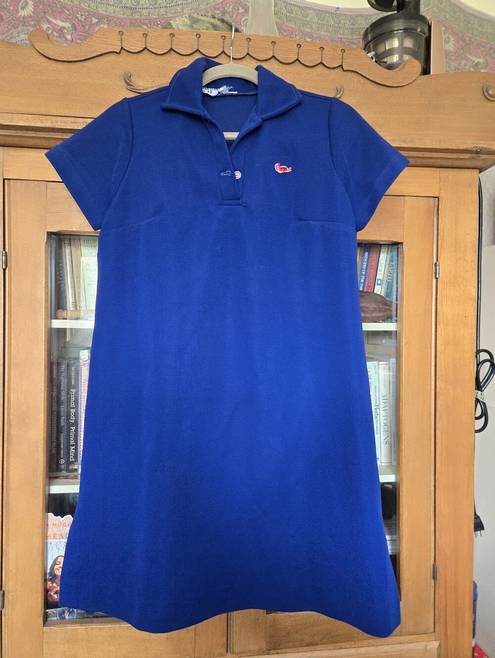 Vintage Cobalt Blue Mod A-Line Mini Dress Embroidered Whale Collared Polyester